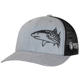 Tiger Shark Scuba Diving Trucker Hat: Mens Adjustable Snapback for Fishing, Spearfishing, Boating & Beach - Heather Gray/Black/Black
