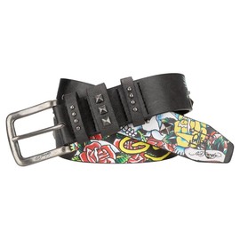 ED HARDY Men's 38mm Skulls & Roses Print Studded Belt (Black/Pyramid Studs, 34)