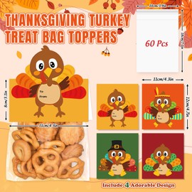 FYSUIMU 60Pcs Thanksgiving Turkey Self-Adhesive Cellophane Treat Bags with Toppers Cute Fall Turkey Cello Candy Bags for Autumn Harvest Party Favors Snack Packing Supplies