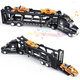 CORPER TOYS Transport Car Carrier Truck Toy Detachable Die-cast Pull Back Play Vehicles Car Set for Kids with Lights and Sounds Sets of 3 Black