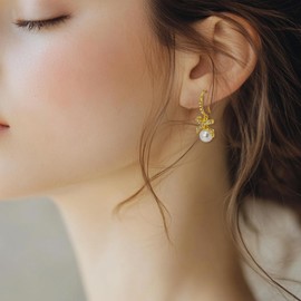 Pearl Bow Earrings, 14K Gold Pearl Dangle Earrings for Women, Pearl Bow Hoop Earrings Christmas Earrings Bow Earrings for Christmas Party Holiday Jewelry Gifts for Women