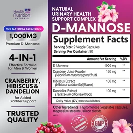 D-Mannose Supplement 1,000mg - with Cranberry, Hibiscus & Dandelion - Fast-Acting, Natural Urinary Tract & Bladder Support for Women & Men – Flush & Cleanse Impurities – Non-GMO, Vegan – 180 Capsules