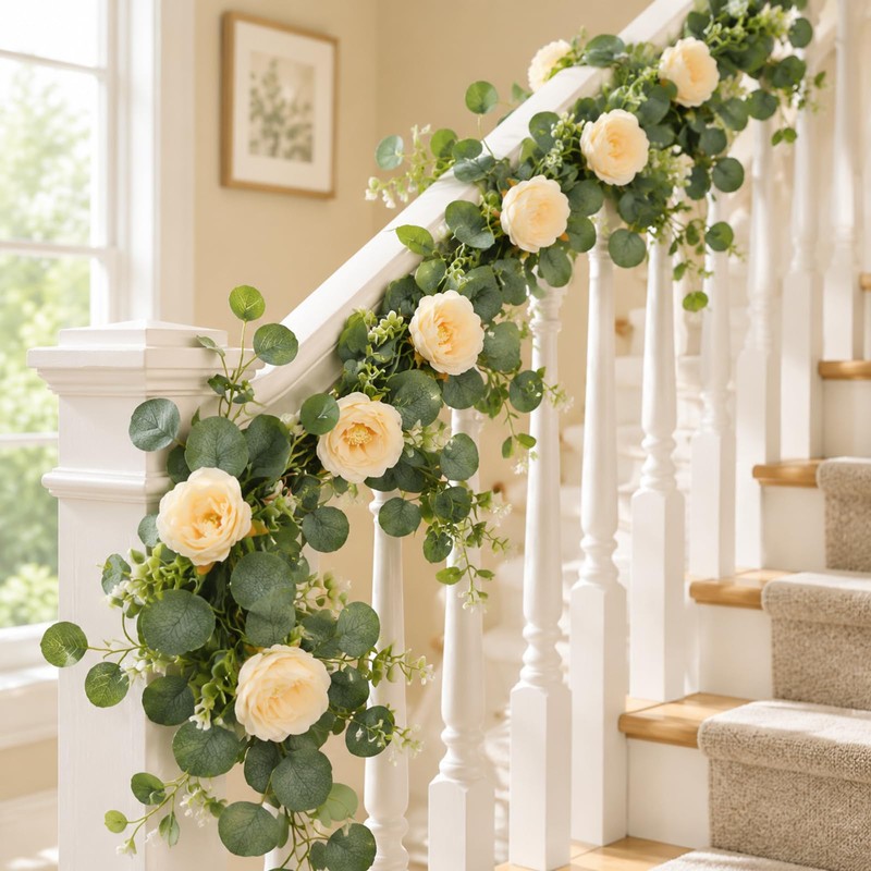 2 Pack 12FT Artificial Eucalyptus Flower Garland with 6 Champagne