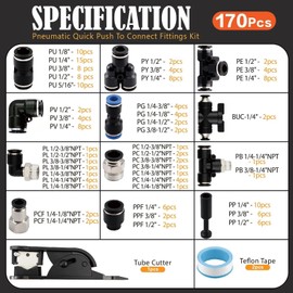 170Pcs Push to Connect Air Fittings Kit 1/8" 1/4" 5/16" 3/8" 1/2" OD, NPT Thread Quick Connect Pneumatic Connectors, Teflon Tape & Cutter, for Brake System, Auto Repair, Factory Use