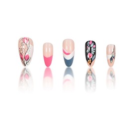 Press on Nails Long Almond French Tip Fake Nails Colourful Full Cover Colorful Flower False Nails with Designs Glossy Glue on Nails Cute Acrylic Manicure Artificial Nails for Women Girls 24Pcs