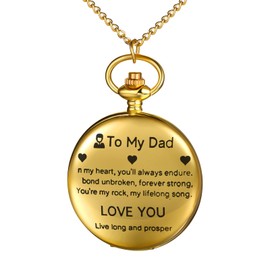 JewelryWe Engraved Pocket Watch with Chain Men Women Analogue Quartz Chain Watch with Engraving Simple Smooth Watch Pendant Necklace Gift, To My Dad - Gold