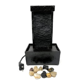Nature's Mark 9.6" H Curved Black Slate Tabletop Water Fountain with Natural River Rocks and LED Lights (Power Cord Attached)