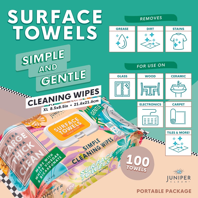 Juniper CLEAN Single Surface Cleaning Wipes Bleach Free, Thick &