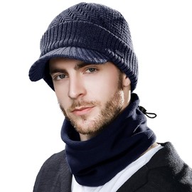 Comhats Large Merino Wool Winter Hats for Men Peaked Beanie Hat Women with Thermal Snood Fleece Neck Warmer Navy Blue L/XL