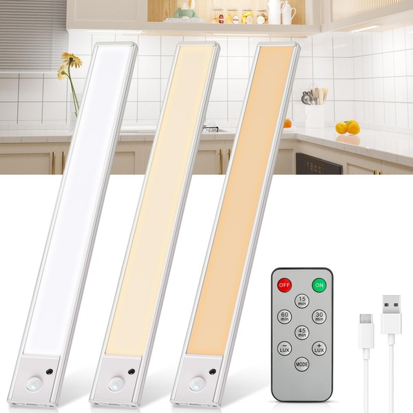 SOAIY Set of 3 30 cm Dimmable LED Under-Unit Lights with Motion Sensor and Remote Control, USB C Rechargeable Light Strip, Cabinet Light with 3 Light Colours, Kitchen, Stairs, Showcase, Hallway,