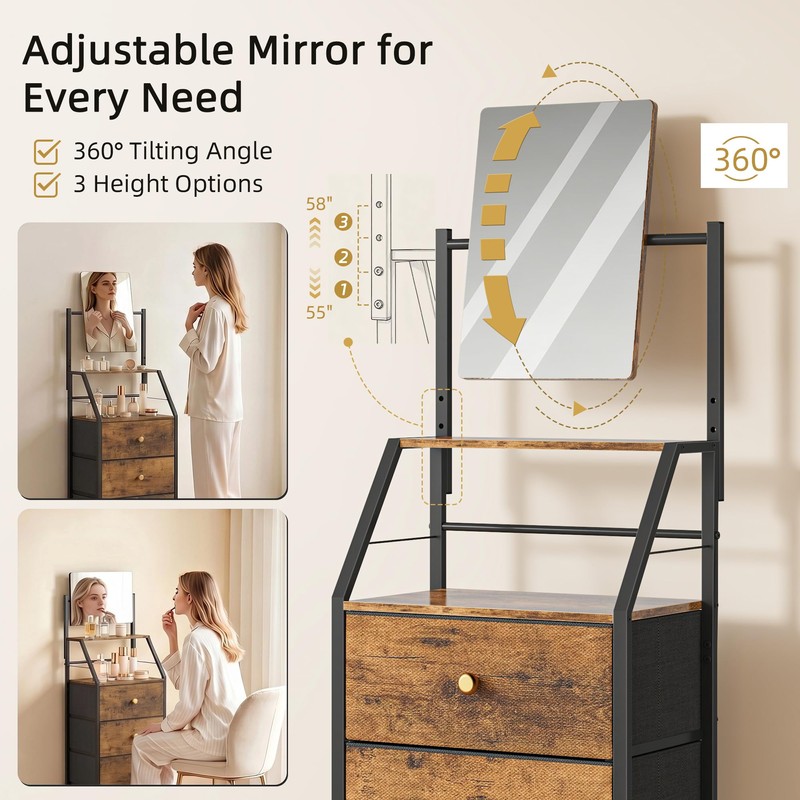 HIGDBFE Vanity Dresser with Mirror & 4 Drawers, Rustic Brown,