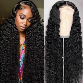 Deep Wave Lace Front Wigs Human Hair 200% Density HD Transparent Lace Frontal Wigs deep Curly Human Hair Wig for Women 24 Inch 4X4 lace Glueless Wigs Pre Plucked with Baby hair Natural Black Color