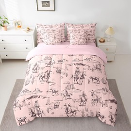 Queen Wild West Cowboy Bedding Set 7 Pieces Bed in a Bag, Rodeo Cowboy Pink Bedding Set with Sheets, Western Farmhouse Bed Sets with Comforter, Fitted Sheets, Flat Sheets, Pillow Shams and Pillowcases