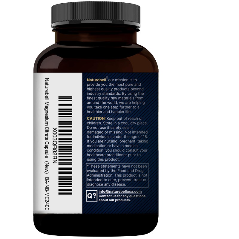 NatureBell Pure Magnesium Citrate 500mg per 3 Capsules Serving Size,