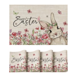 Artoid Mode Bunny Flowers Vinyl Happy Easter Placemats Set of 4, 12x18 Inch Wipeable Non-Slip Spring PVC Place Mats for Party Kitchen Dining Decor