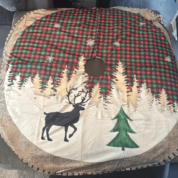 No Brand Christmas Tree Skirt Mat Plaid with Trees Reindeer