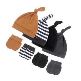 4 Sets Infant Beanies Caps with Scratch Mitten Pack Newborn Hospital Hats Mitten Set for Baby Girls Boys Black