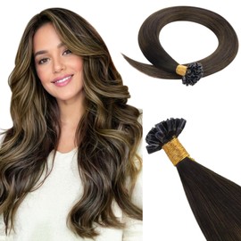 HOTBANANA U Tip Hair Extensions Human Hair, 14 Inch 50g 50s Balayage Dark Brown Mixed Chestnut Brown Pre Bonded U Tip Extensions Hot Fusion Keratin Utip Hair Extensions Straight K Tip Hair Extensions