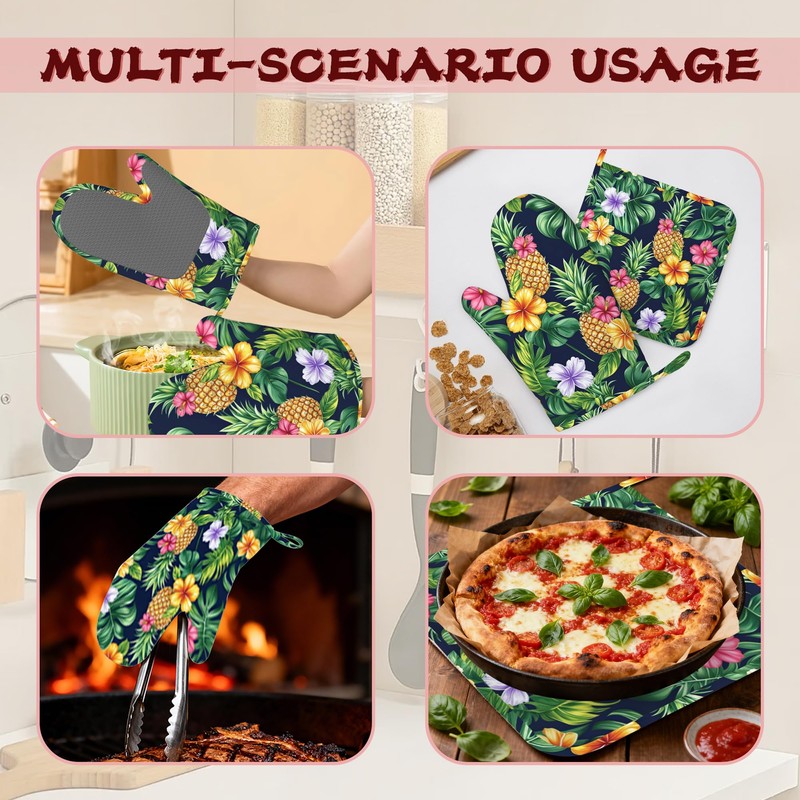 Pineapple Heat-Resistant Silicone Oven Mitts and Pot Holders,Hawaiian Tropical Palm