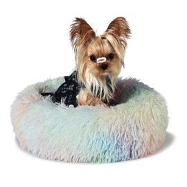Fluffy Rainbow Dog Bed Extra Small Washable,Calming Dog Bed Rainbow for Small Dogs 15 inches Donut Soft Small Pet Bed,Anti Anxiety Round Fits up to 5 lbs Warm Comfort Pets Beds for Puppy Dogs Indoor