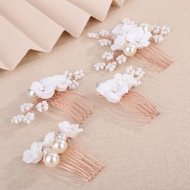 Rumtock 4pcs White Flower Rose Gold Hair Comb Set for Wedding Brides Women White Beads Hair Accessories (Rose Gold)