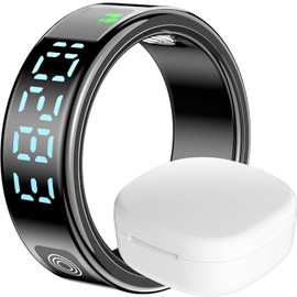 SRZOBYU Unisex Smart Ring with LED Display, Touch Control, Charging Case – Track Activity, Sleep, Heart Rate & Blood Oxygen, IP68 Waterproof, Ideal Gift, Compatible with iOS & Android(Black-Size10)