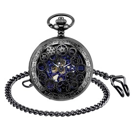 SUPBRO Women's Men's Pocket Watch Retro Gear Analogue Mechanical Chain Watch with Necklace Sweater Chain, black, steampunk