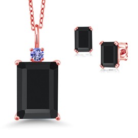 18K Rose Gold Plated Silver Black Onyx and Blue Tanzanite Pendant Necklace Earrings Set For Women (7.87 Cttw, Gemstone December Birthstone, Emerald Cut 14X10MM and 6X4MM, with 18 Inch Chain)