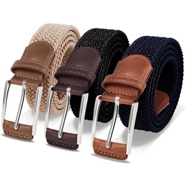 LAURA FAIRY - Cinturones elásticos casuales para hombre, cinturón elástico trenzado ajustable, regalo ideal para golf, vestido, trabajo, Beige/Negro/Azul Marino, 40"-43"Waist Adjustable