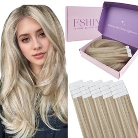 fshine Tape in Hair Extensions Human Hair 12 Inch Ash Blonde Highlighted with Bleach Blonde Tape in Human Hair Extensions Invisible Remy Hair Tape in Straight Hair 30g 20pcs