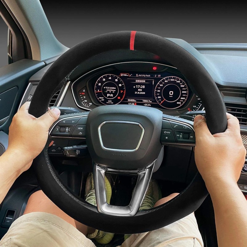 Carodi High Quality Suede Steering Wheel Cover Black Red Luxury