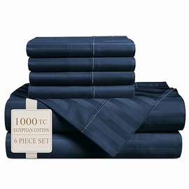 Casa Platino 100% Egyptian Cotton Sheets Queen Size Set - 6 Pieces - Damask Stripe - 1000 Thread Count - Ultra Smooth Sateen Weave Bed Sheets Set with 15" Deep Pockets - Navy Blue