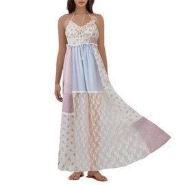 Women Tie Shoulder Boho Floral Maxi Dress Y2k Smocked Flowy Lace Sundress Spaghetti Strap Summer Long Beach Dress (Blue #E, M)