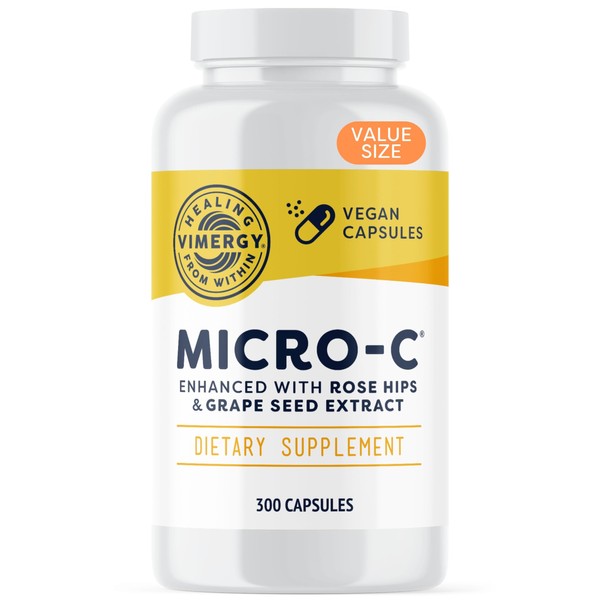 Vimergy Micro-C Vitamin C Capsules - Pack of 300 - 500 mg Vitamin C, Low Acid Vitamin C High Dose - Rosehip - For More Vitality - Gluten Free - Kosher - Suitable for Vegans
