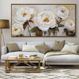 Flower Canvas Wall Art Textured Floral Picture Wall Decor White Large Elegant Painting for Living Room Modern Artwork for Home Decor Pictures for Bedroom Wall Decor 24×48IN