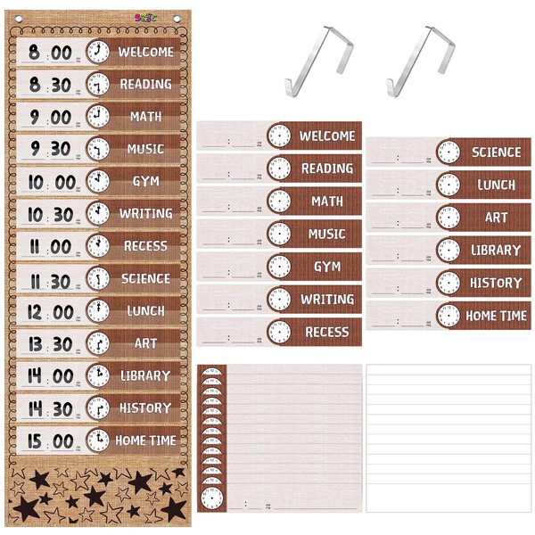 Daily Schedule Pocket Chart, Burlap Classroom Chart with 13+1 Pockets, 26 Reusable Cards (13 Double Sided Printed Cards & 13 Blank Ones) plus 2 Metal Mounting Hangers (Burlap, 13” x 36”)