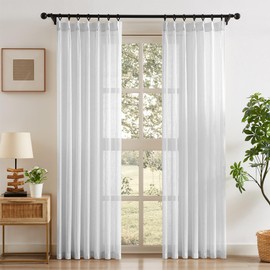White Pinch Pleat Sheer Curtains Linen Textured Slub Yarn Back Tab Drapes Boho Farmhouse Rustic Treatment Sets for Living Room Bedroom, with Hooks Light Filtering Pleated Curtains, 40"Wx95"L, 2Pcs
