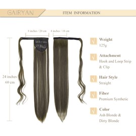 Gairyan 24" Long Straight Ponytail Extension Wrap Around Clip in Pony tail Hair Extensions Hightlight Hairpieces for Women Girls Real Natural Look (Ash Blonde & Dirty Blonde)