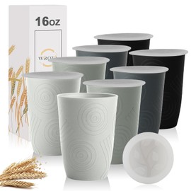 Wrova Wheat Straw Cups 16oz Set of 8 with Silicone Lids - Alternative Plastic Cups Reusable Dishwasher Safe - Unbreakable Plastic Drinking Cups for Kids - Black to Gray