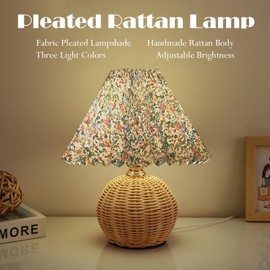 Pleated Table Lamp Bedside Night Lamp, Rattan Base, Fabric Pleated Lampshade, Adjustable Light Color and Brightness, USB Powered, Vintage Style Light for Bedroom Living Room Office (Sphere-Floral)