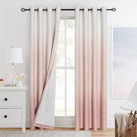Ombre Full Blackout Window Curtain Panels Thermal Insulated Noise Reduction Rustic Farmhouse Bedroom Drapes Heavy Linen Texture Window Treatment Set Gradient Print Cream White to Pink, 50"x63"x2