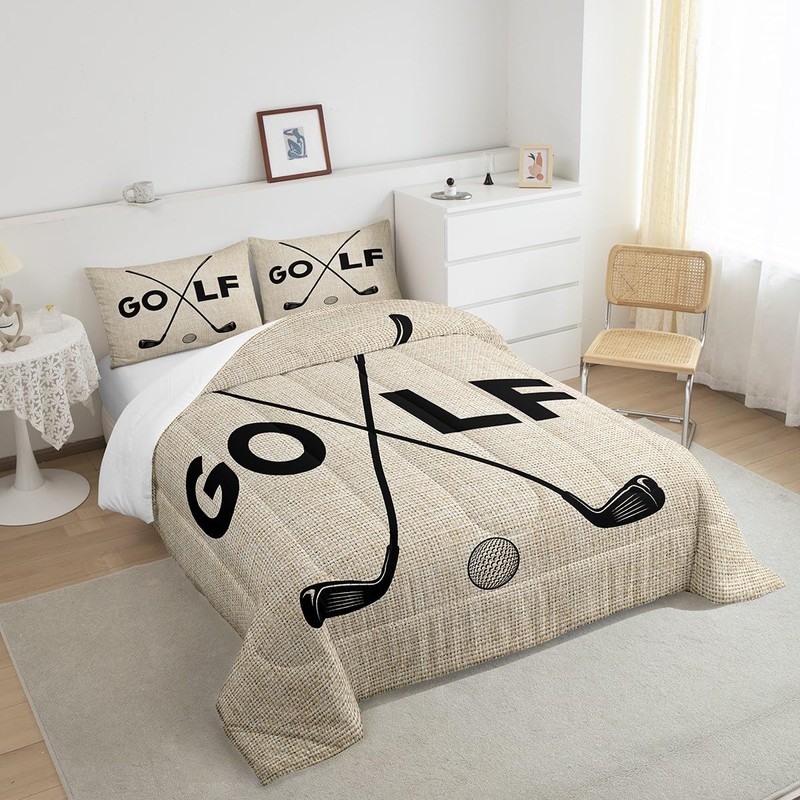Golf Sports Bedding Set Queen Size Black Sketch Golf Ball