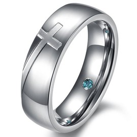 Fashion Month Mens Womens 6mm Stainless Steel Engrave Cross White Gold Ring Christian Wedding Silver Band CZ Inlay, Titanium, Cubic Zirconia