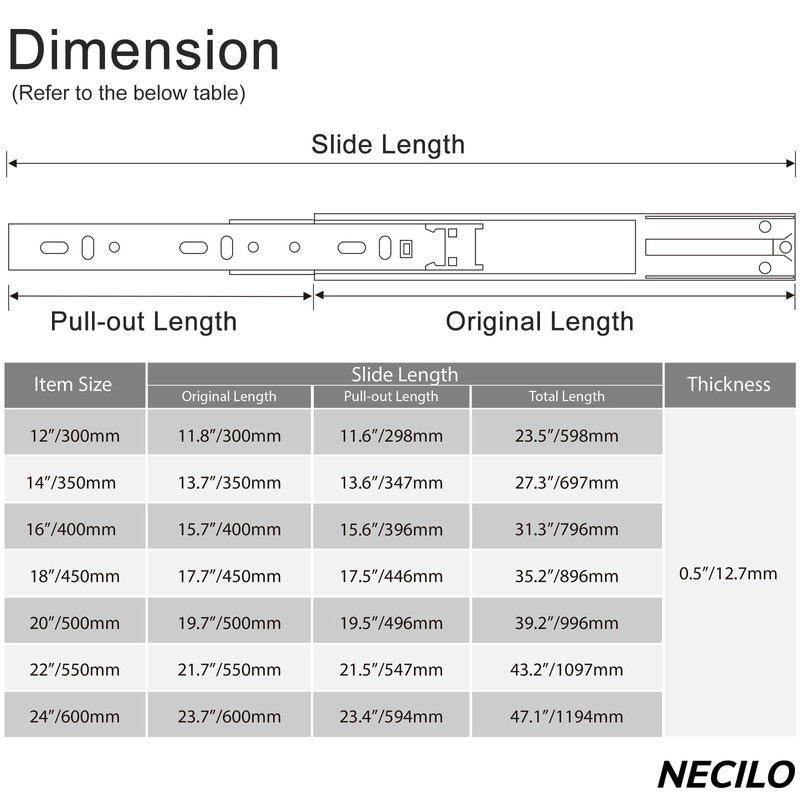 NECILO Push to Open Drawer Runners 300 mm, 45 kg