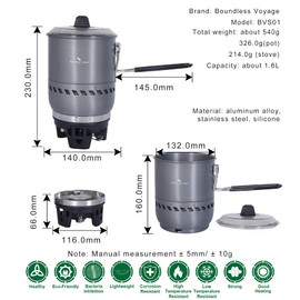 Boundless Voyage Cooking System with Heat Exchanger Pot Outdoor Camping Backpacking Gas Stove Burner 1.6 L