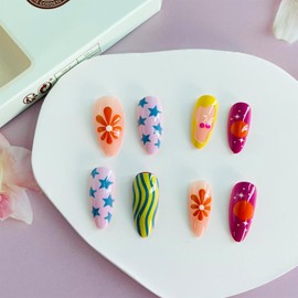Medium Press on Nails Almond Shaped Fake Nails with Designs Flower Cherry Glue on Nails Stars False Nails Cute Acrylic Nails Colorful Summer Artificial Nails Glossy Stick on Nails for Women