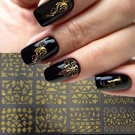 Gold Geometry Nail Art Stickers,3D Self-Adhesive Nail Art Design Metallic Chains Flower Line Lace Leaf Star Design Nail Art Stickers Circle Nail Decoration Holographic Glitter Nail Supplies for Women