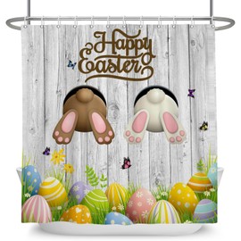 ZJRBJB Easter Shower Curtain Bunny Rabbit Eggs Bathroom Decor Spring Flowers Butterflies Wood Grain Shower Curtain Farmhouse Holiday Waterproof Fabric Bath Curtain with Hooks 72x84 Inches