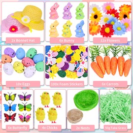 Hysgtek Easter Bonnet Kit Easter Bonnet Hat for Kids, 149Pcs DIY Easter Bonnet Decorations with Chicks, Bunny, Carrots, Eggs, Nests, Grass, Flower, Sticker, Butterfly for Boy Girl