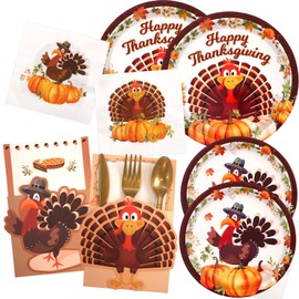194Pcs Thanksgiving Paper Plates and Napkins Cutlery Holders Thanksgiving Disposable Dinnerware Set Knives Forks Spoons Dinner Plates Dessert Plates and Napkins Turkey Party Supplies